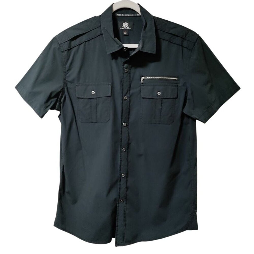 Rock & Republic Downtown Cool Iconic Button Front Shirt Navy Blue Mens Size L
